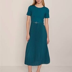 Ann Taylor Belted Pleated Midi Dress in Deep Atlantic Teal, size 10 NWT